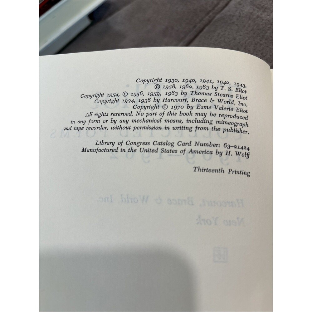 Collected Poems 1909-1962 T. S. Eliot Harcourt Brace HC DJ Collection Book 1970 - Picture 7 of 9